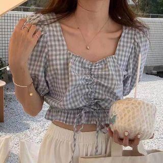 Puff-sleeve Plaid Drawstring Blouse / Wide Leg Pants