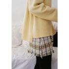 Fringed Plaid Wool Blend Knit Miniskirt