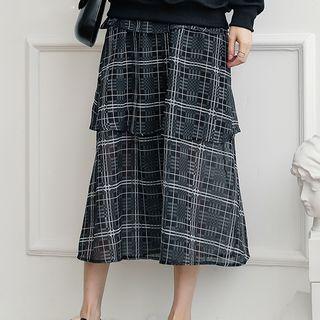 Plaid A-line Layered Midi Skirt Plaid - Black - One Size