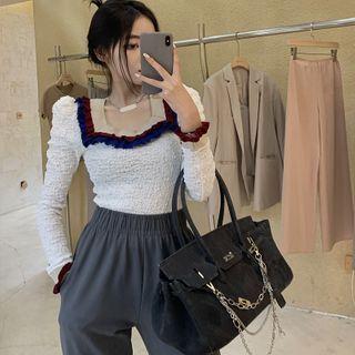 Long-sleeve Textured Square-neck Top
