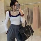 Long-sleeve Textured Square-neck Top