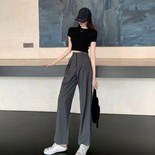 Set: Short-sleeve Cropped T-shirt + High Waist Wide Leg Pants