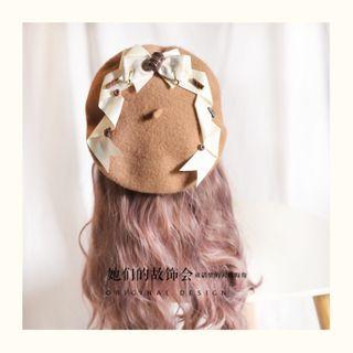 Bow-accent Beret Hat Dark Khaki - One Size