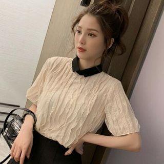 Collared Short-sleeve Textured Blouse