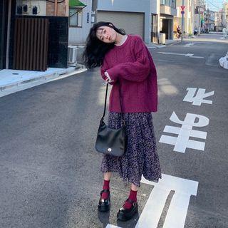 Long-sleeve Lace Top / Cable Knit Sweater / Floral Print Midi A-line Skirt