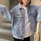 Long-sleeve Cat Embroidered Denim Jacket