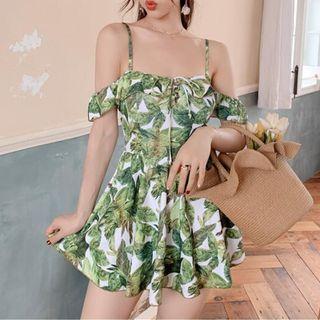 Cold Shoulder Leaf Print Swimdress
