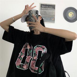 Couple Matching Elbow-sleeve Number Print T-shirt Black - One Size