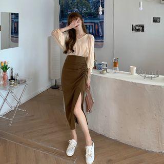 3/4-sleeve V-neck Blouse / Side-slit Midi Pencil Skirt
