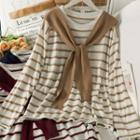 Striped Loose-fit Sheer Light Knit Top With Shawl In 7 Colors