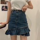 Ruffle Hem Mini Pencil Denim Skirt