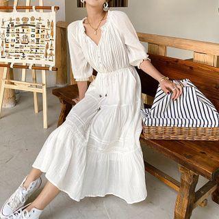 Puff-sleeve Ribbed Midi A-line Dress