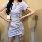 Set: Plain Short-sleeve T-shirt + Drawstring Mini Pencil Skirt Set - Sky Blue - One Size