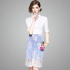 Set: Short-sleeve Turtleneck Top + Lace Skirt
