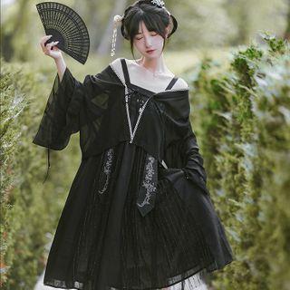 Set: Embroidered Strappy A-line Dress + Light Jacket