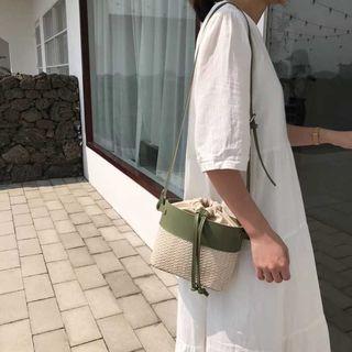 Faux Leather Panel Drawcord Shoulder Bag