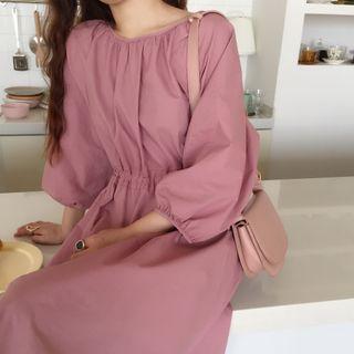 Puff-sleeve Plaid Midi Dress Light Purple - One Size