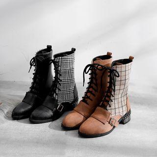 Lace-up Plaid Panel Chunky-heel Short Boots