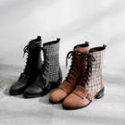 Lace-up Plaid Panel Chunky-heel Short Boots