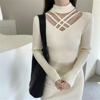 Long-sleeve Plain Cutout Slim-fit Knit Dress