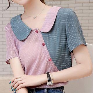 Striped Panel Buttoned Short-sleeve Top