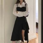 Long-sleeve Plain Shirt / Spaghetti-strap Plain Asymmetric Midi Dress