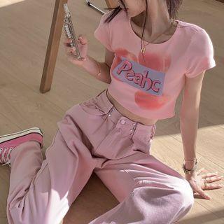 Cap-sleeve Print T-shirt / High-waist Wide-leg Pants