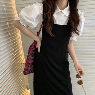 Puff-sleeve Ruffle Trim Blouse / Sleeveless Plain Dress