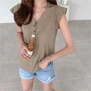 Buttoned-neckline Cap-sleeve Top