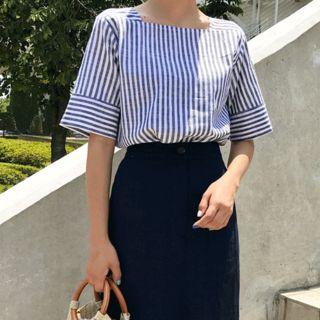 Square-neck Short-sleeve Striped Blouse