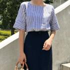 Square-neck Short-sleeve Striped Blouse