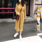 Frill-neck Pleated Midi Chiffon Dress