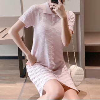 Short-sleeve Buttoned Knit Shift Dress