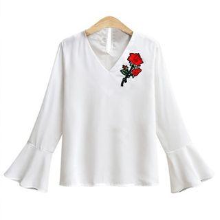 Flower Embroidered V-neck Long Sleeve Chiffon Top