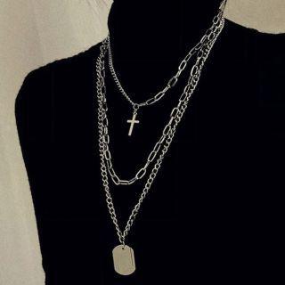 Cross & Tag Pendant Layered Necklace 1 Pc - Cross & Tag Pendant Layered Necklace - Silver - One Size