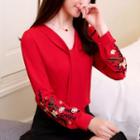 Floral Embroidery Tie-front Shirt
