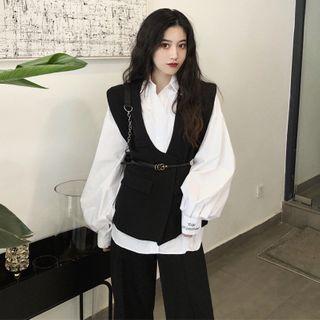 Printed Letter Long-sleeve Shirt / Sleeveless Blazer With Belt