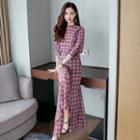 Set: Plaid 3/4-sleeve Top + Wide Leg Pants