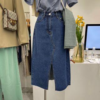 Midi Slit Denim Pencil Skirt