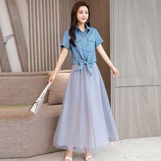 Set: Short-sleeve Denim Shirt + Spaghetti Strap Maxi Mesh Dress