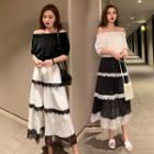 Set: Off Shoulder Elbow-sleeve Top + Lace Trim Midi Layered Skirt