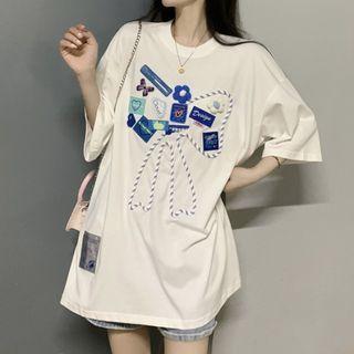 Elbow-sleeve Embellished T-shirt White - One Size