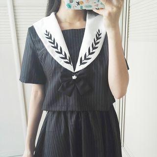 Short-sleeve Sailor Collared Top / A-line Embroidered Skirt