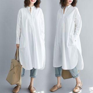 Long-sleeve Buttoned Midi Dress Shirt - One Size