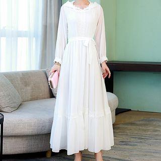 Lace Trim Hooded Long-sleeve Midi A-line Dress