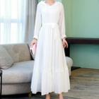 Lace Trim Hooded Long-sleeve Midi A-line Dress