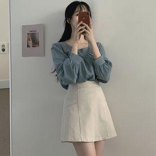 Puff-sleeve Square Neck Plain Blouse / High-waist Plain A-line Skirt
