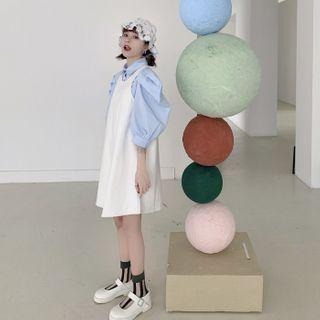 Balloon-sleeve Shirt / Faux Leather Pinafore Dress