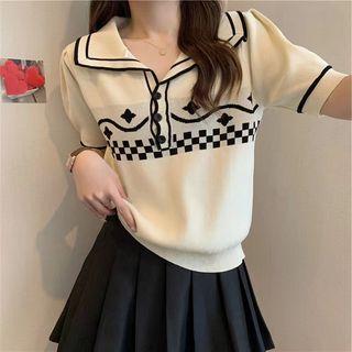 Short-sleeve Checker Print Polo Knit Top