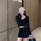 Hooded Long-sleeve Cropped T-shirt / Drawstring-waist Shorts